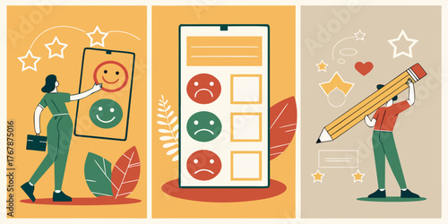 customer feedback rating system emoji survey illustration user experience satisfaction mobile app review service evaluation opinion