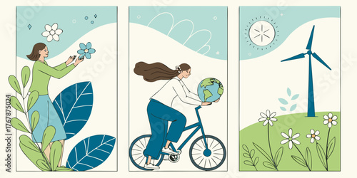 sustainable lifestyle eco friendly living cycling renewable energy wind power nature illustration green transportation environmental consciousness
