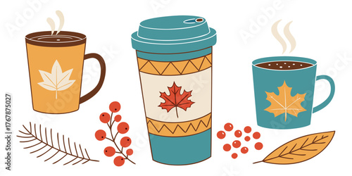 autumn fall coffee beverages illustration seasonal drinks maple leaf cozy mugs travel tumbler warm beverages hygge