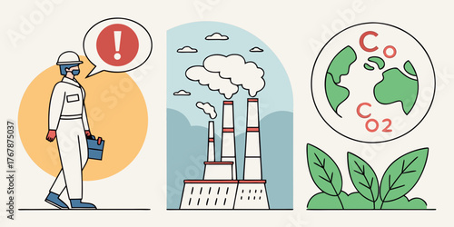 climate change global warming pollution industrial emissions environmental awareness carbon dioxide earth protection illustration sustainability crisis