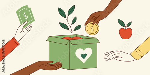charity donation fundraising community giving hands diverse philanthropy illustration heart symbol generous contribution volunteering solidarity