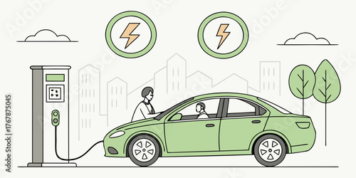 electric vehicle charging station green energy sustainable transportation eco friendly car illustration renewable power clean