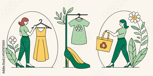 sustainable fashion eco friendly clothing ethical wardrobe conscious consumerism illustration design.