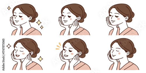 skincare facial care routine step-by-step tutorial illustration showing woman applying cream and massage techniques for glowing healthy skin