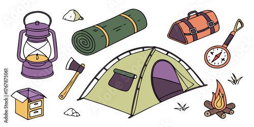 camping outdoor adventure equipment illustration with tent backpack sleeping bag lantern campfire and hiking gear in hand-drawn cartoon style