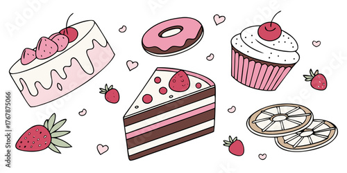 bakery desserts illustration collection with layered cakes cupcake donut cookies and strawberries in hand-drawn pink and chocolate sketch style