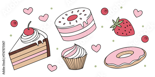 sweet valentine desserts illustration with chocolate cake cupcake heart donuts and strawberry in hand-drawn pink and red sketch style