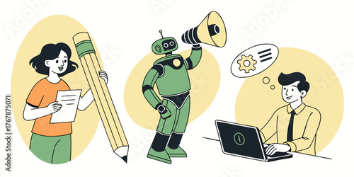 diverse professionals illustration with scientist using telescope marketer with megaphone and creative worker on laptop in retro cartoon style with yellow backgrounds