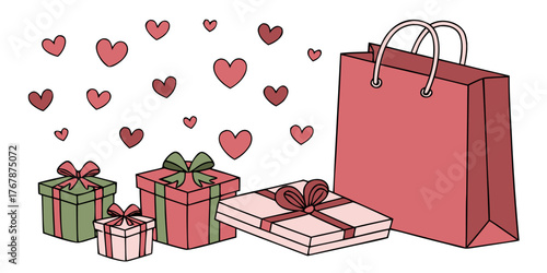 romantic valentine gift shopping illustration with floating hearts wrapped presents pink boxes and shopping bag in hand-drawn style