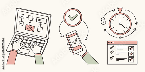 time management and appointment scheduling illustration with laptop calendar smartphone notification and clock in hand-drawn sketch style with red accents