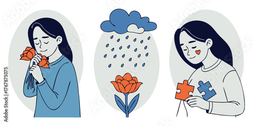 emotional self-care and mental health illustration with woman drinking tea rain cloud watering flower and self-love nurturing in soft minimalist style