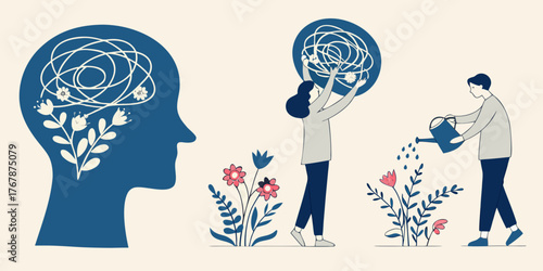mental health and psychological growth illustration with brain gears and flowering mind concept showing nurturing thoughts and personal development in navy blue and coral