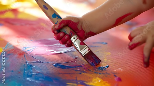 Close up of a childs hand holding a paintbrush and painting on a colorful canvas