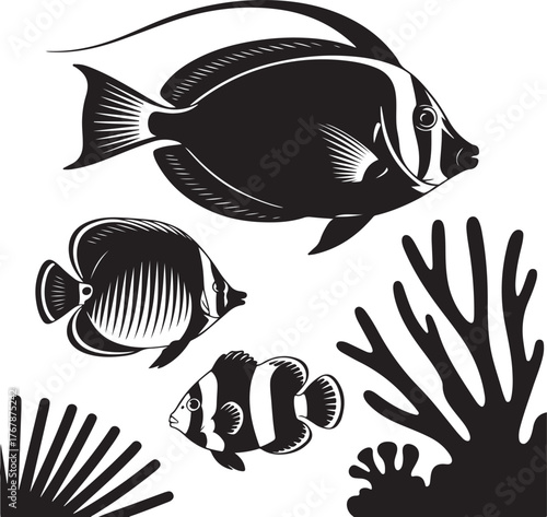 Black and white silhouette of three tropical fish and coral ocean