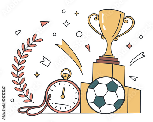 Sports competition illustration showing a golden trophy on a pedestal, laurel wreath, shining confetti, stopwatch, soccer ball, whistle, and medal icons,