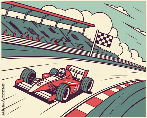 Racing car on a track with dynamic speed lines, checkered flags, tire smoke, and a cheering crowd in the stadium seats.