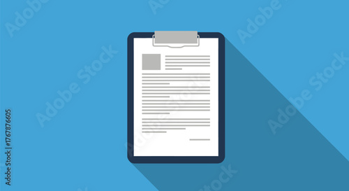 Simple clipboard with document and long shadow on a blue background