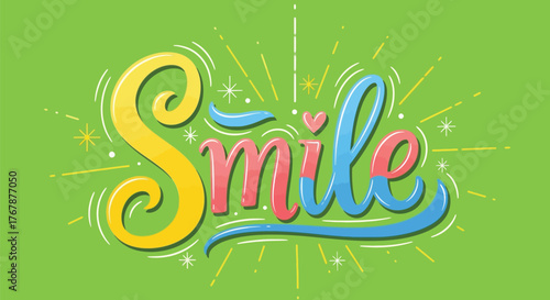 Vibrant "Smile" text with playful swirls and sparkles on a bright green background, conveying joy and positivity.
