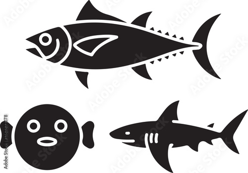 Black silhouette icons of tuna shark and pufferfish
