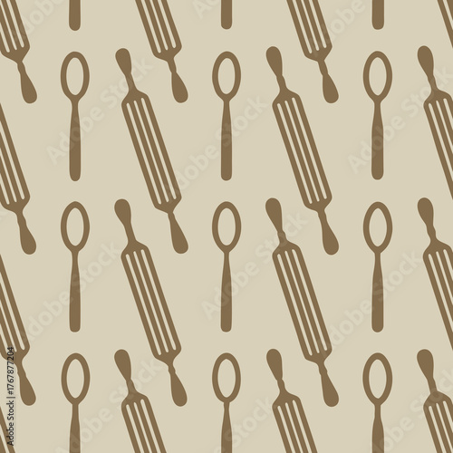 Seamless pattern featuring kitchen utensils like spoons forks and rolling pins design