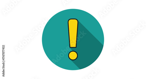 Bright yellow exclamation mark symbol on a teal circular background with a long shadow