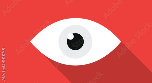 Simple, bold illustration of a white eye with a black pupil on a vibrant red background.