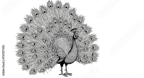 Stylized peacock illustration in black and white design