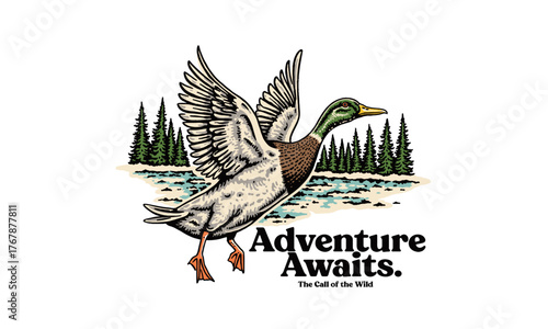retro artwork of a flying mallard duck over a river. Vintage Adventure Awaits illustration for a t-shirt