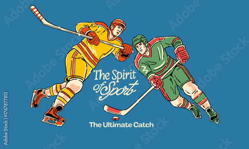 vintage illustration of two ice hockey players competing for the puck. Spirit of Sport artwork