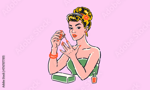 retro girl nails  illustration of a girl doing a manicure. Vintage beauty artwork for a t-shirt