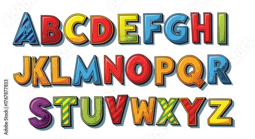 Alphabet letters in vibrant, playful colors and textures, perfect for educational materials, kids' designs, and creative projects
