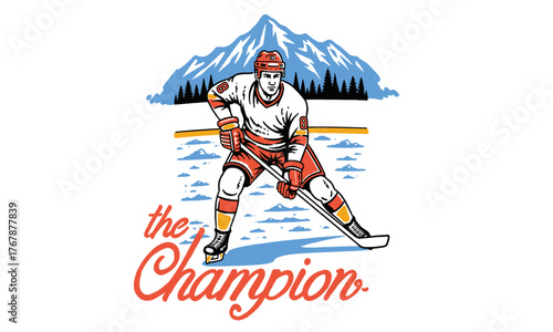 vintage illustration of an ice hockey player on a frozen lake. Retro champion artwork for a t-shirt