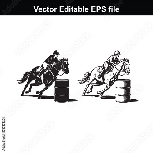 Barrel racing competition with two riders on horses, one in silhouette and one in line art