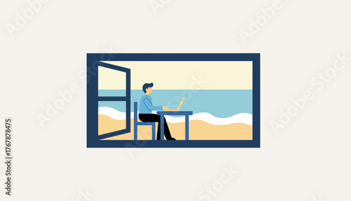 A quiet beach house with an open window where a remote worker sits inside immersed in tasks as the sound of waves gently crashes outside.