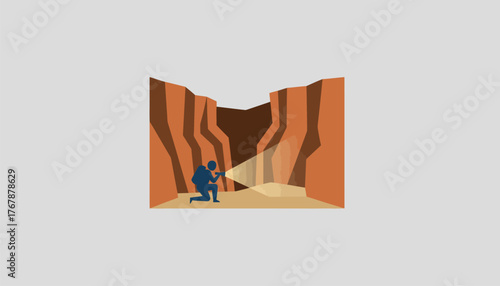 A steep descent into a canyon with one hiker carefully scouting the path ahead with a flashlight.