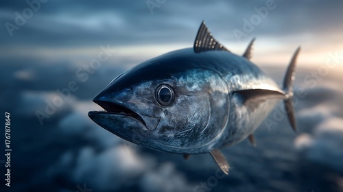 Vivid Bluefin Tuna Swimming Through Ethereal Cloudscape in Majestic Ocean Scene.