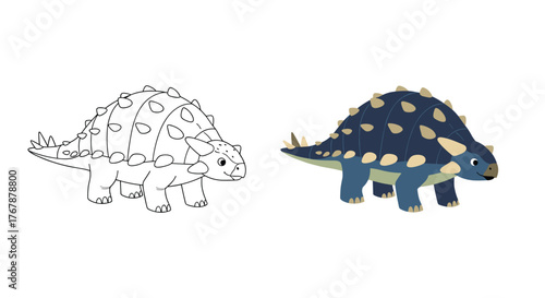 Cute cartoon ankylosaurus dinosaur illustration in line art and colored versions, isolated on white background.