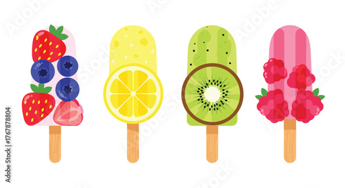A delightful assortment of fruit popsicles featuring strawberries, blueberries, lemons, kiwis, and raspberries on wooden sticks, perfect for a refreshing treat.