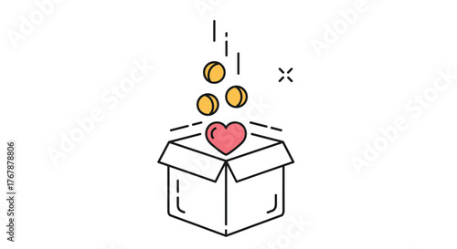 A symbolic donation box is filled with coins and a heart, representing charitable giving and support for important causes.