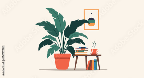 A minimalist and cozy indoor scene with a large houseplant, a side table, stacked books, a steaming cup of coffee, and abstract wall art.