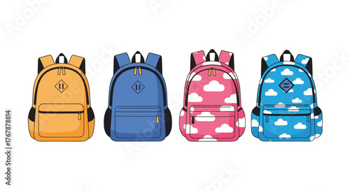 Colorful cartoon backpacks in a row, representing school supplies and travel items for children and students, all isolated on a white background, ready for use.