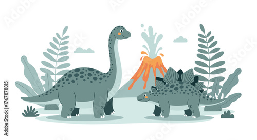 Cute cartoon illustration of two dinosaurs near a volcano and foliage, a gentle prehistoric scene.
