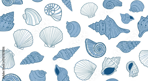 Elegant seamless pattern with hand-drawn seashells in blue and white on a clean background, perfect for nautical designs.