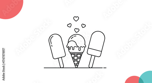 A minimalist illustration of ice cream treats, featuring a cone, popsicles, and hearts, set against a clean white backdrop, evoking summer and sweetness.