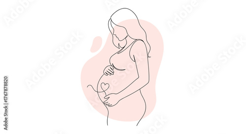 Minimalist one-line art illustration of a serene pregnant woman tenderly cradling her baby bump, with a heart design symbolizing maternal love.