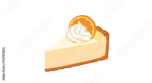 A delectable slice of creamy cheesecake, garnished with a fluffy swirl of whipped cream and a fresh orange slice, presented as a sweet treat.