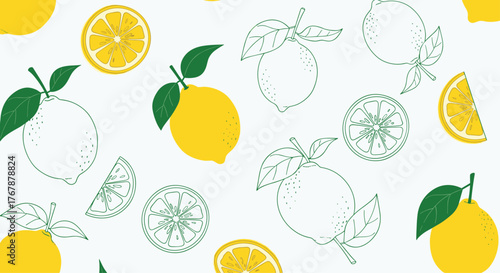 Cheerful, whimsical pattern design with lemons, lemon slices, and leaves rendered in yellow and green on a light background.
