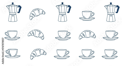Collection of simple line art illustrations of coffee makers, croissants and cups of coffee.