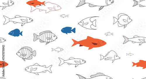 A diverse collection of hand-drawn fish illustrations in various shapes, sizes, and colors on a white background, creating a lively pattern.