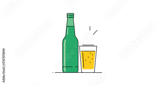 Flat illustration of a green bottle of beer next to a glass of yellow beer with bubbles.
